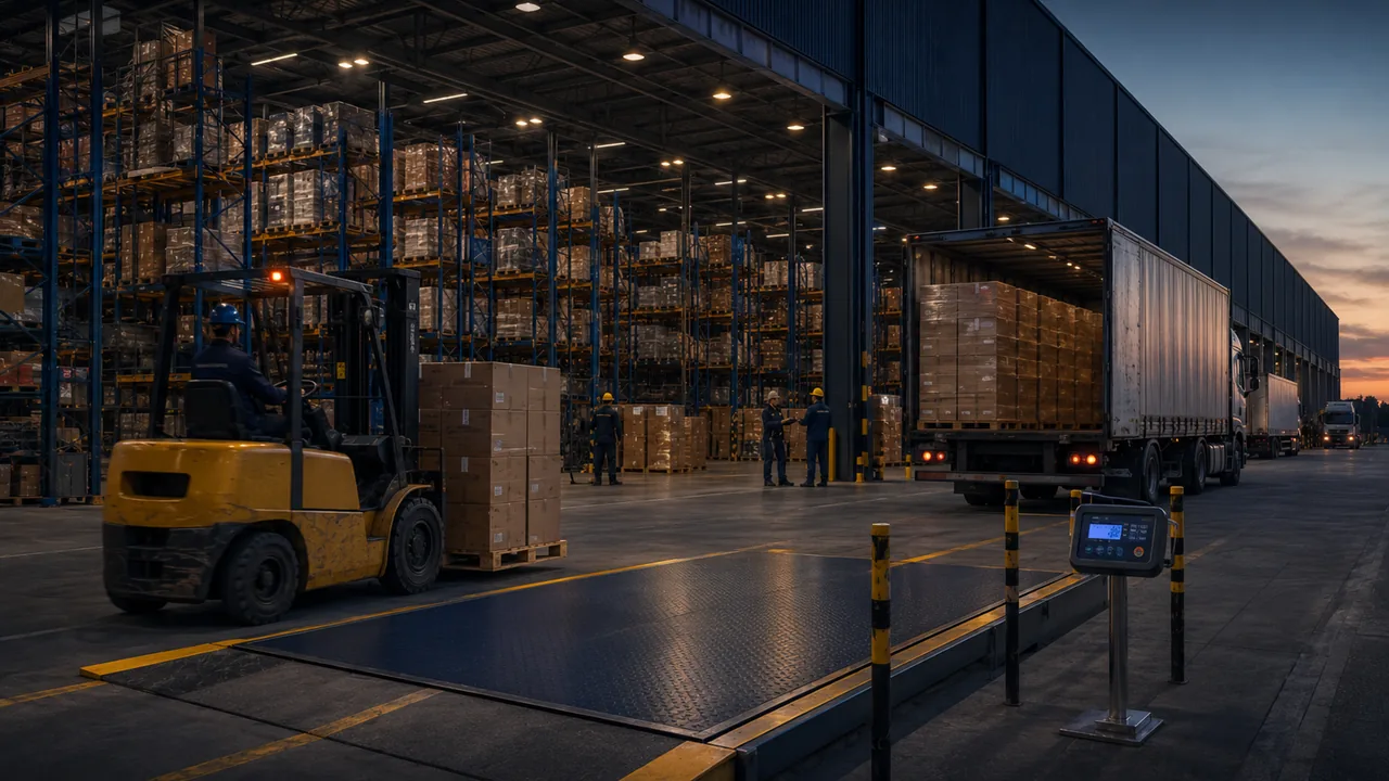 Armazém logístico com empilhadeira, pallets e sistema de pesagem operacional