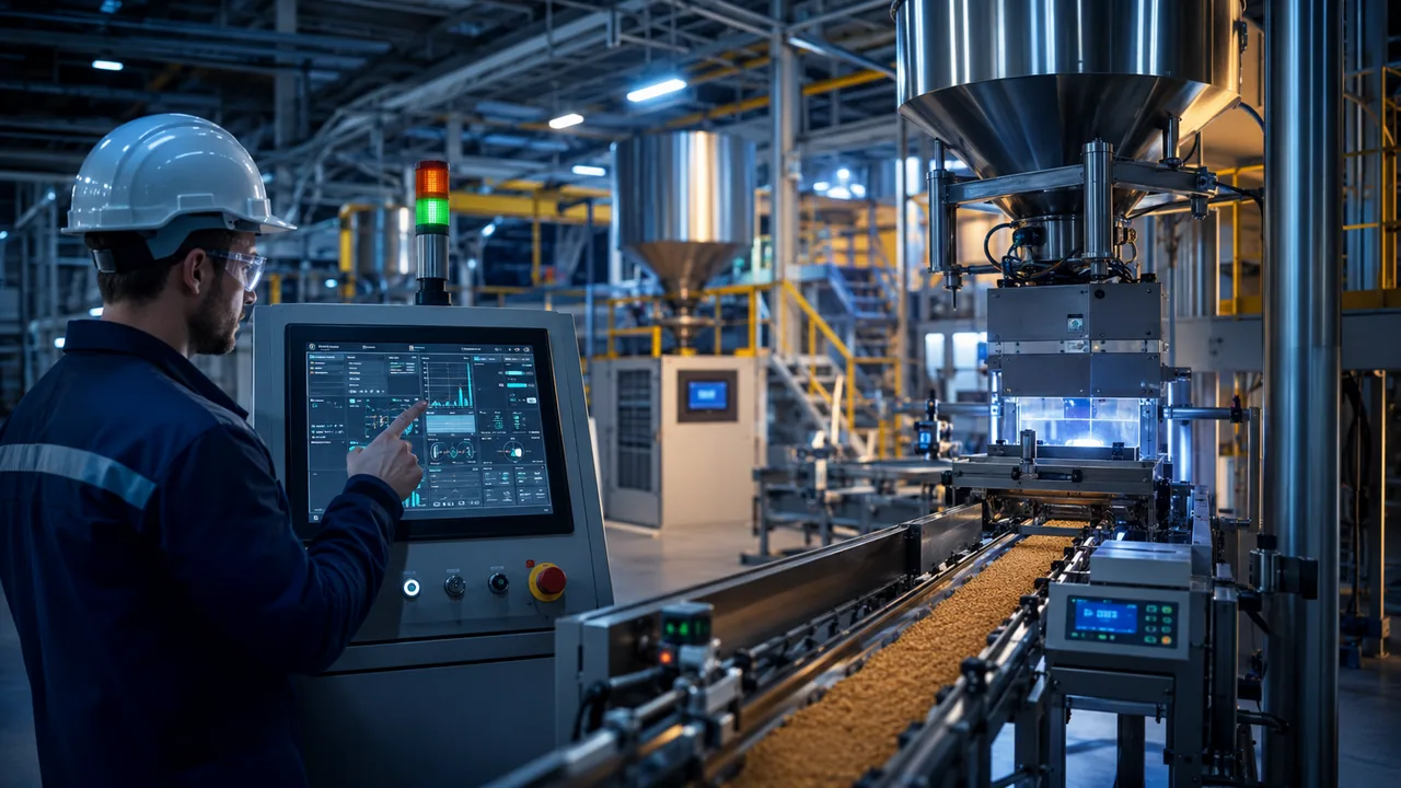 Linha industrial automatizada com controle de pesagem