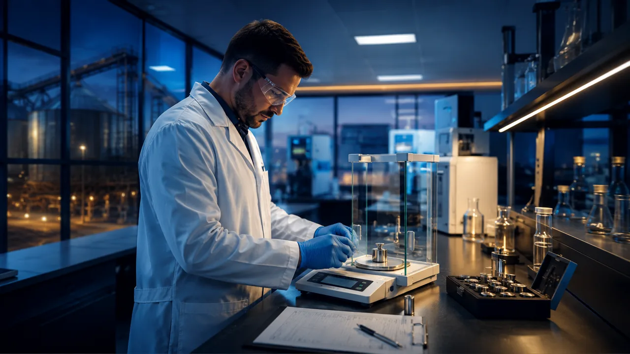 Técnico utilizando balança analítica em laboratório