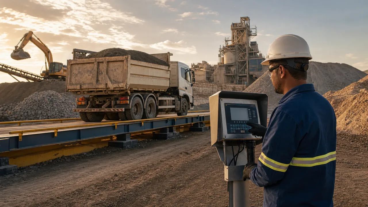 Caminhão basculante em balança industrial com técnico em operação de mineração e construção