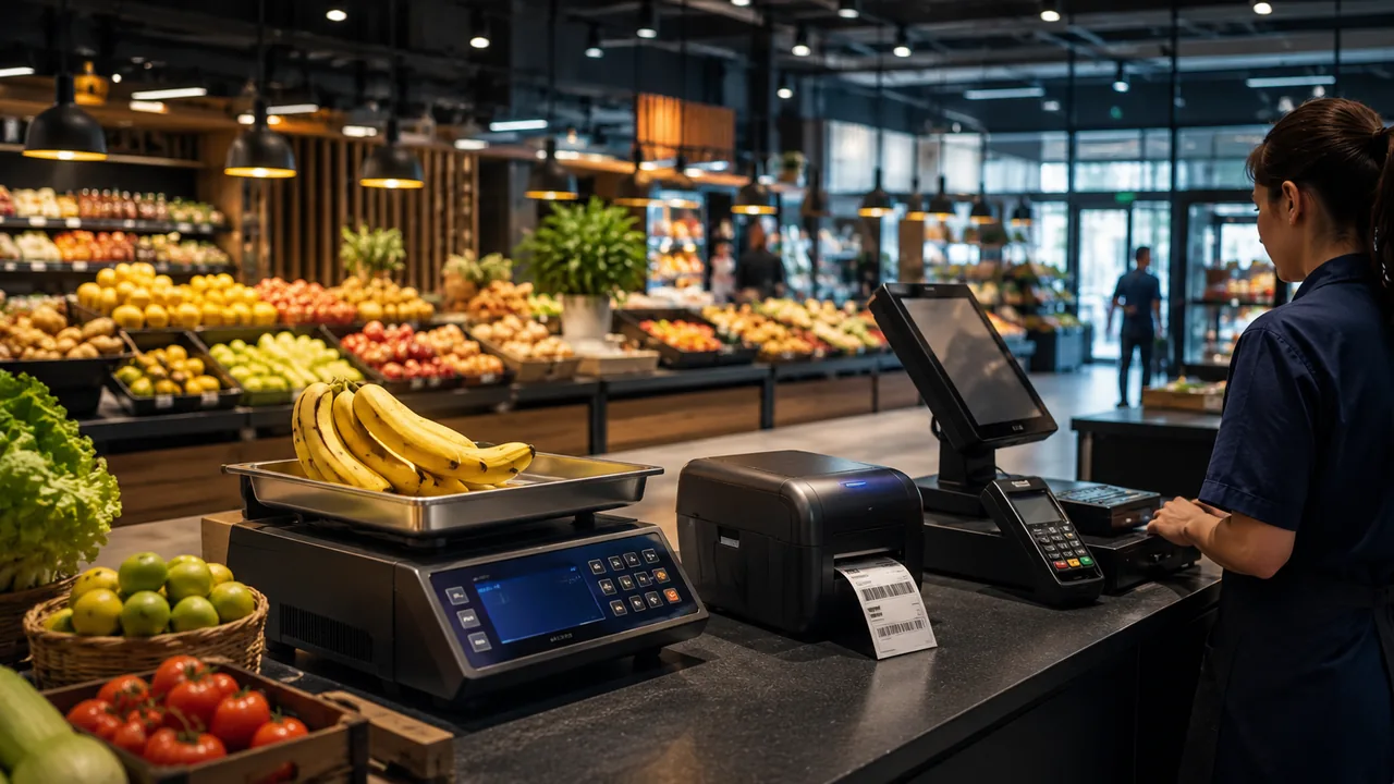 Balança comercial e etiquetagem em supermercado
